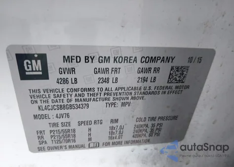 2016 Buick Encore Leather z USA, uszkodzony, nr VIN KL4CJCSB8GB534379